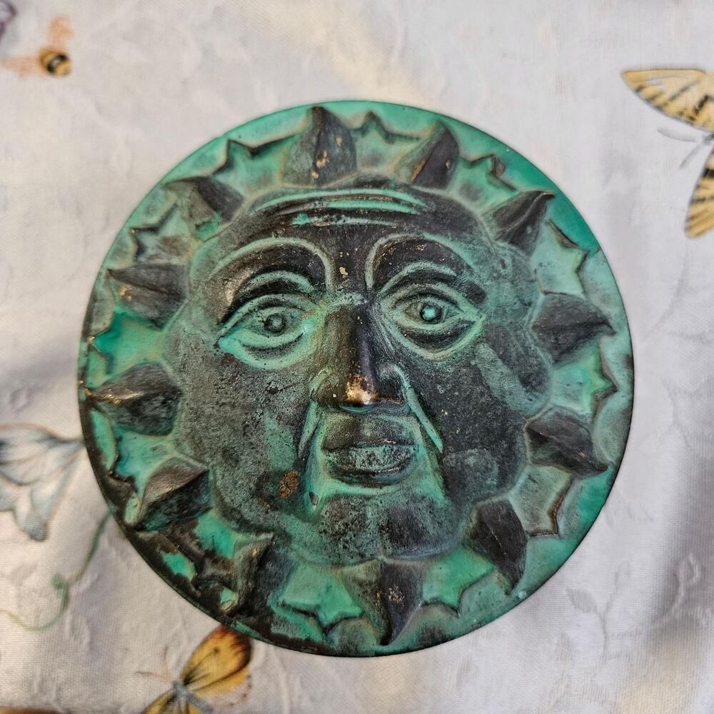 vintage celestial whimsigoth sun face green patina metal trinket box decor